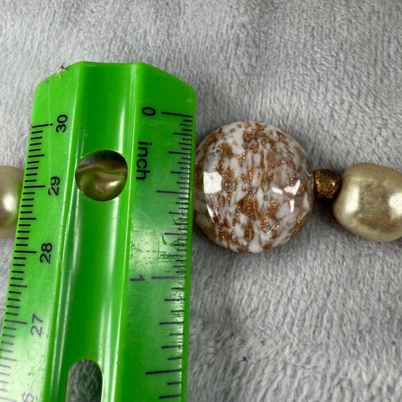 Gold Copper Speckled Long Beaded Necklace White Marble Effect Statement Beads - Picture 13 of 16